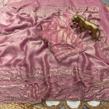 MODERN FANDY SATIN SILK ROSE GOLD  BEADS WORK WITH CUT  WORK BORDER SAREE WITH STITCH BLOUSE BABY PINK
