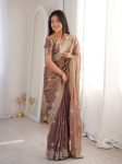 MODERN FENDY CRUSH ZARI EMBROIDERY & HOTFIX WORK SAREE WITH UNSTITCHED BLOUSE PURPLE
