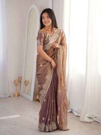 MODERN FENDY CRUSH ZARI EMBROIDERY & HOTFIX WORK SAREE WITH UNSTITCHED BLOUSE PURPLE
