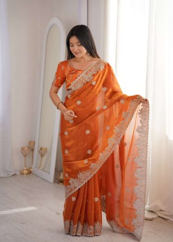 MODERN FENDY CRUSH ZARI EMBROIDERY & HOTFIX WORK SAREE WITH UNSTITCHED BLOUSE ORANGE