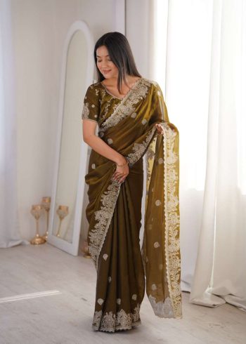 MODERN FENDY CRUSH ZARI EMBROIDERY & HOTFIX WORK SAREE WITH UNSTITCHED BLOUSE MEHNDI