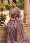MODERN FENDY SATIN ARC BORDER WITH TUSSEL WORK SAREE WITH UNSTITCHED BLOUSE PURPLE