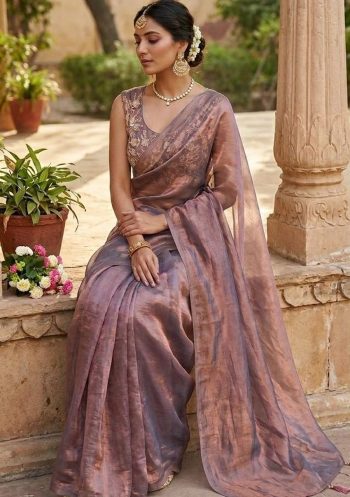 MODERN FENDY SATIN ARC BORDER WITH TUSSEL WORK SAREE WITH UNSTITCHED BLOUSE PURPLE