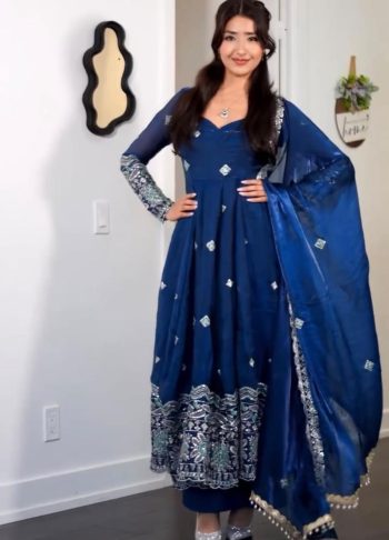 MODERN FENDY SATIN EMBROIDERY WORK WITH FANCY LACE WORK GOWN BOTTOM WITH DUPATTA NAVY BLUE