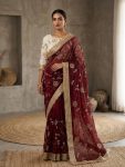 MODERN FENDY SATIN SILK EMBROIDERY WITH CUTWORK BORDER SAREE WITH UNSTITCHED BLOUSE MAROON