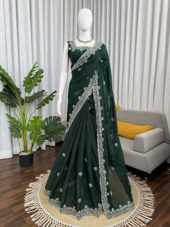 MODERN FENDY SILK BEADS WORK WITH SEQUENCE WORK SAREE WITH UNSTITCHED BLOUSE GREEN