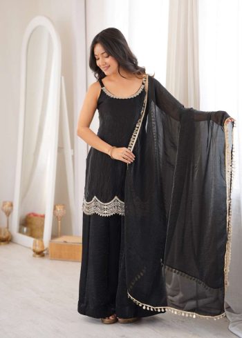 MODERN FENDY SILK EMBROIDERY CODING AND REAL MIRROR WORK TOP PALAZZO WITH DUPATTA BLACK