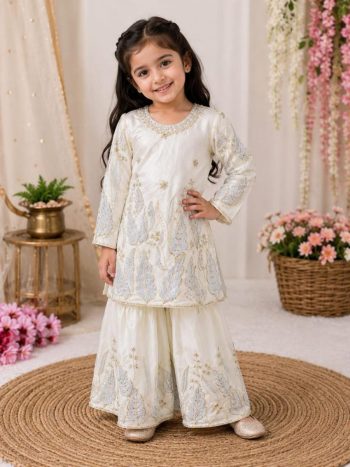 MODERN FENDY SILK EMBROIDERY SEQUENCE WORK TOP PALAZZO WITH DUPATTA WHITE