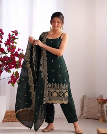 MODERN FENDY SILK THREAD WITH SEQUENCE WORK TOP BOTTOM WITH DUPATTA  DARK GREEN