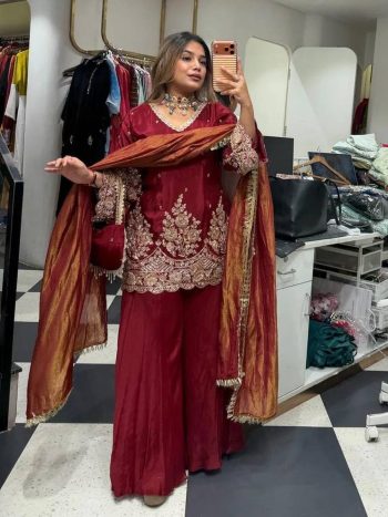 MODERN FRENCH CREPE EMBROIDERY AND CODING SEQUENCE WORK TOP PALAZZO WITH DUPATTA MAROON