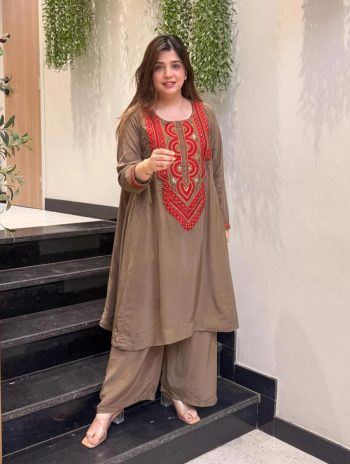 MODERN FRENCH CREPE EMBROIDERY WORK KURTI PALAZZO SET CHIKU