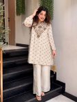 MODERN FRENCH CREPE SEQUENCE CODING EMBROIDERY WORK CO-ORD SET OFF WHITE