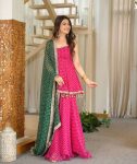 MODERN GEORGETTE BANDHEJ PRINT WITH FANCY LACE WITH HANGING LATKAN WORK KEDIYA STYLE TOP PALAZZO WITH DUPATTA RANI