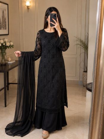 MODERN GEORGETTE BEADS & 5 MM SEQUENCE EMBROIDERY WORK WITH HEAVY HANDWORK LACE BORDER TOP PALAZZO WITH DUPATTA BLACK
