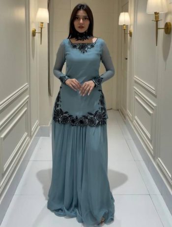 MODERN GEORGETTE BEADS HAND WORK WITH SEQUENCE EMBROIDERY WORK TOP PALAZZO WITH DUPATTA BLUE