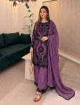 MODERN GEORGETTE CHAIN STITCH EMBROIDERY SEQUENCE WORK  TOP PALAZZO WITH DUPATTA PURPLE