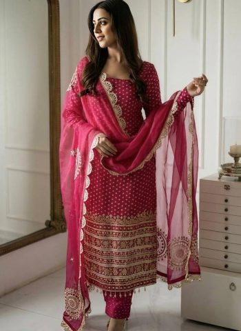 MODERN GEORGETTE CODING STITCH EMBROIDERY SEQUENCE WITH  HAND WORK AND DIGITAL PRINT WORK TOP BOTTOM WITH DUPATTA RANI