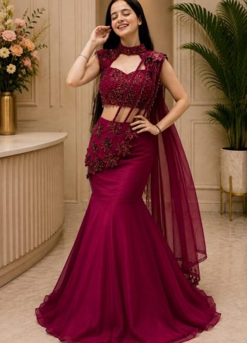 MODERN GEORGETTE EMBROIDERY SEQUENCE MULTI THREAD WORK LEHENGA CHOLI WITH ATTACHED DUPATTA RANI