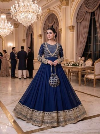 MODERN GEORGETTE EMBROIDERY WITH SEQUENCE WORK GOWN BOTTOM WITH DUPATTA NAVY BLUE