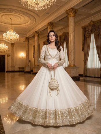 MODERN GEORGETTE EMBROIDERY WITH SEQUENCE WORK GOWN BOTTOM WITH DUPATTA MAROON WHITE