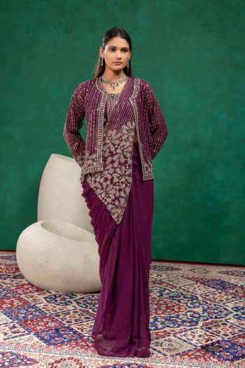 MODERN GEORGETTE EMBROIDERY ZARI & SEMI BEADS WORK READY TO WEAR SAREE WITH STITCHED BLOUSE AND KOTI WINE