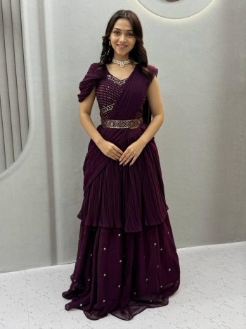 MODERN GEORGETTE HAND MIROR WORK & THREAD WORK LEHENGA CHOLI WITH ATTACHED DUPATTA WINE