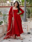 MODERN GEORGETTE HAND WORK WITH FANCY LACE WORK GOWN BOTTOM WITH DUPATTA RED