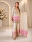 MODERN GEORGETTE REAL MIRROR EMBROIDERY WORK TOP PALAZZO WITH DUPATTA BABY PINK