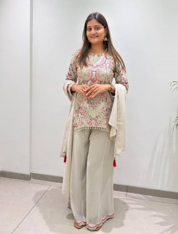MODERN GEORGETTE SEQUENCE EMBROIDERY WORK AND LATKAN LACE WORK TOP PALAZZO WITH DUPATTA GREY