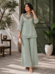 MODERN GOLD CRUSH PLAIN TOP PALAZZO WITH BEADS & 5 MM & 9 MM SEQUENCE WORK  KOTI SEA GREEN