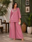MODERN GOLD CRUSH PLAIN TOP PALAZZO WITH BEADS & 5 MM & 9 MM SEQUENCE WORK  KOTI PINK