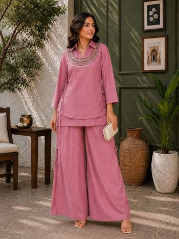 MODERN GOLD CRUSH PLAIN TOP PALAZZO WITH BEADS & 5 MM & 9 MM SEQUENCE WORK  KOTI PINK