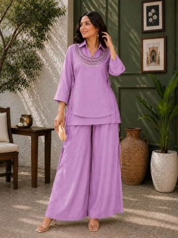 MODERN GOLD CRUSH PLAIN TOP PALAZZO WITH BEADS & 5 MM & 9 MM SEQUENCE WORK  KOTI PURPLE
