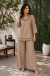 MODERN GOLD CRUSH PLAIN TOP PALAZZO WITH BEADS & 5 MM & 9 MM SEQUENCE WORK  KOTI CREAM
