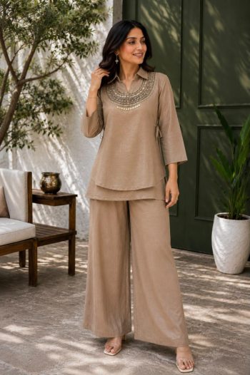 MODERN GOLD CRUSH PLAIN TOP PALAZZO WITH BEADS & 5 MM & 9 MM SEQUENCE WORK  KOTI CREAM