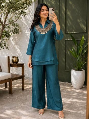 MODERN GOLD CRUSH PLAIN TOP PALAZZO WITH BEADS & 5 MM & 9 MM SEQUENCE WORK  KOTI TEAL