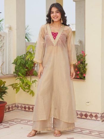 MODERN GOLDEN TISSUE SALSA EMBROIDERY SEQUENCE & CODING-DORI WORK  TOP BLOUSE AND PALAZZO CREAM