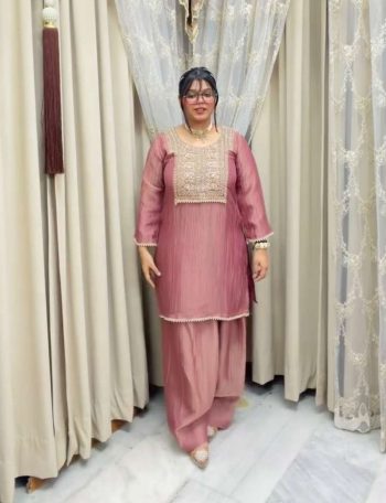 MODERN HEAVY CRUNCHY SILK EMBROIDERY THREAD WORK TOP PATIYALA  WITH DUPATTA BABY PINK