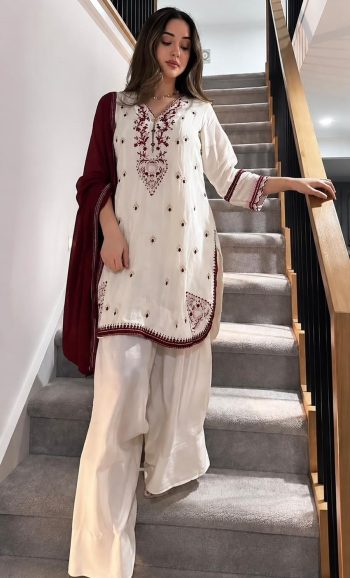 MODERN HO SILK EMBROIDERY THREAD WORK TOP PATIYALA WITH DUPATTA WHITE AND MAROON