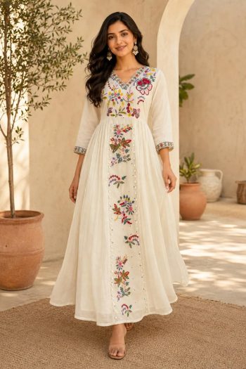 MODERN KORA COTTON SEQUENCE EMBROIDERY WORK GOWN OFF WHITE