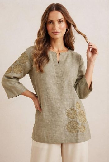 MODERN LINEN COTTON EMBROIDERY WORK TOP GREY