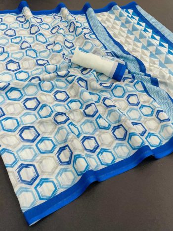 MODERN LINEN COTTON MULTI PRINT WORK  SAREE WITH UNSTITCHED BLOUSE LIGHT BLUE