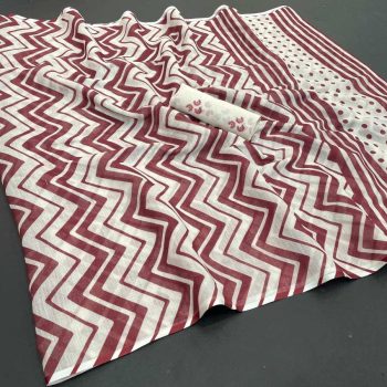 MODERN LINEN COTTON MULTI PRINT WORK  SAREE WITH UNSTITCHED BLOUSE MAROON AND WHITE