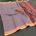 MODERN LINEN COTTON MULTI PRINT WORK  SAREE WITH UNSTITCHED BLOUSE MAROON