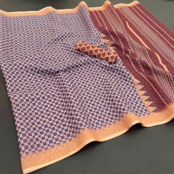 MODERN LINEN COTTON MULTI PRINT WORK  SAREE WITH UNSTITCHED BLOUSE MAROON
