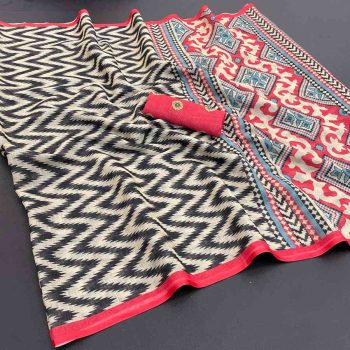 MODERN LINEN COTTON MULTI PRINT WORK  SAREE WITH UNSTITCHED BLOUSE BLACK