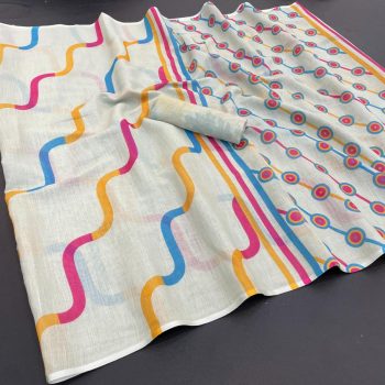 MODERN LINEN COTTON MULTI PRINT WORK  SAREE WITH UNSTITCHED BLOUSE WHITE