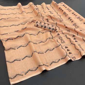 MODERN LINEN COTTON MULTI PRINT WORK  SAREE WITH UNSTITCHED BLOUSE PEACH