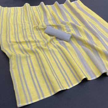 MODERN LINEN COTTON MULTI PRINT WORK  SAREE WITH UNSTITCHED BLOUSE YELLOW