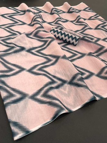 MODERN LINEN COTTON MULTI PRINT WORK  SAREE WITH UNSTITCHED BLOUSE PEACH